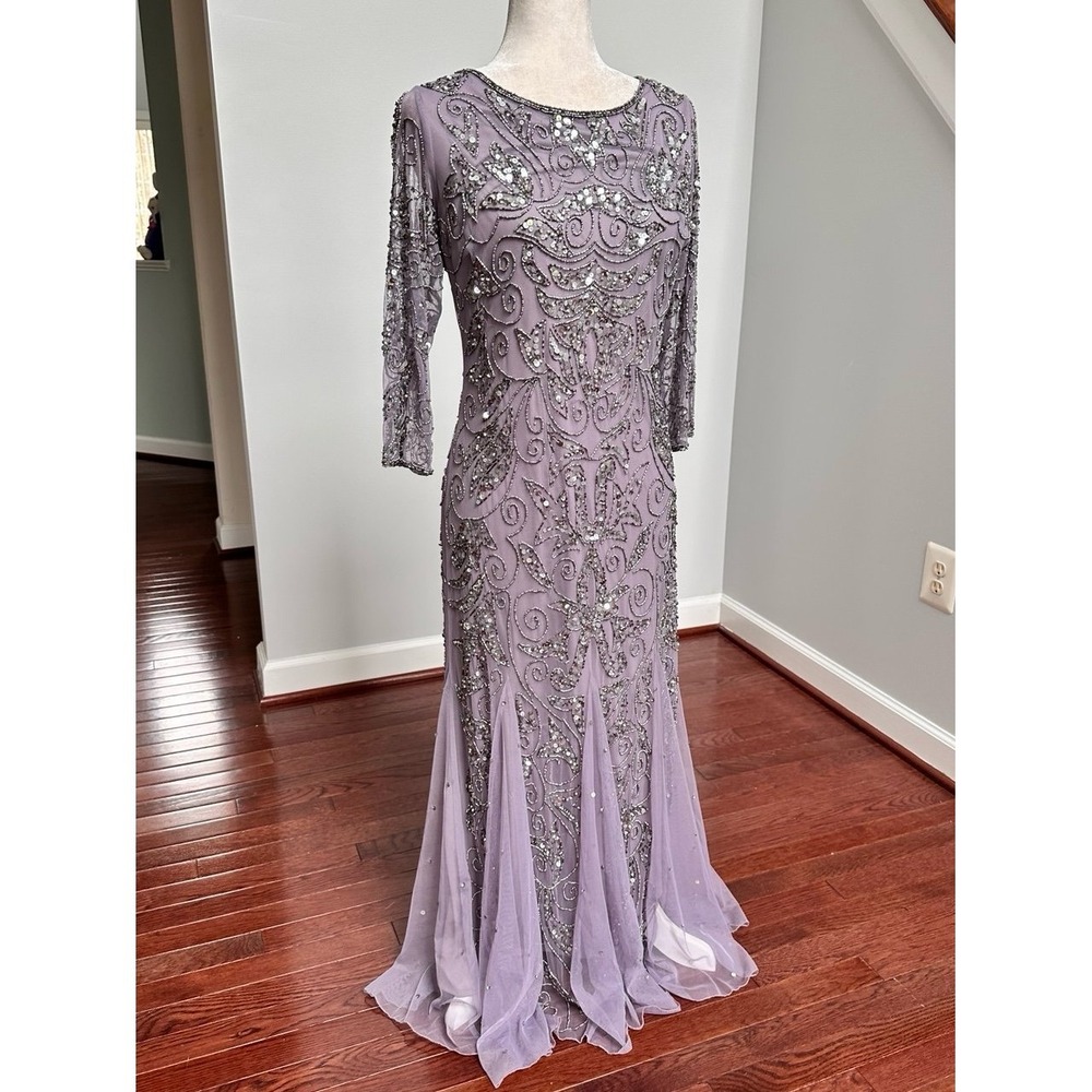 Pisarro Nights Mauve Grey Fully Embellished Beaded Quarter Sleeve Gown Dress 10p - Picture 7 of 12